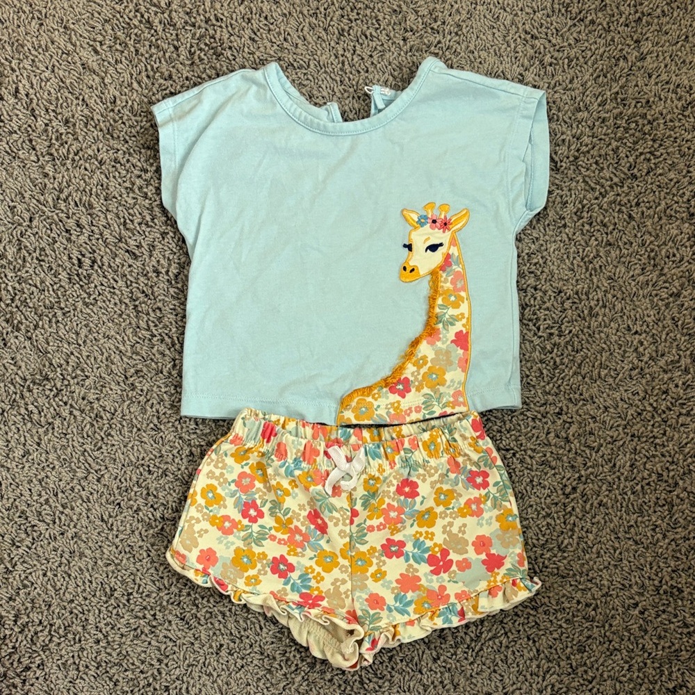 Giraffe Light Blue Top and Floral Shorts Set
